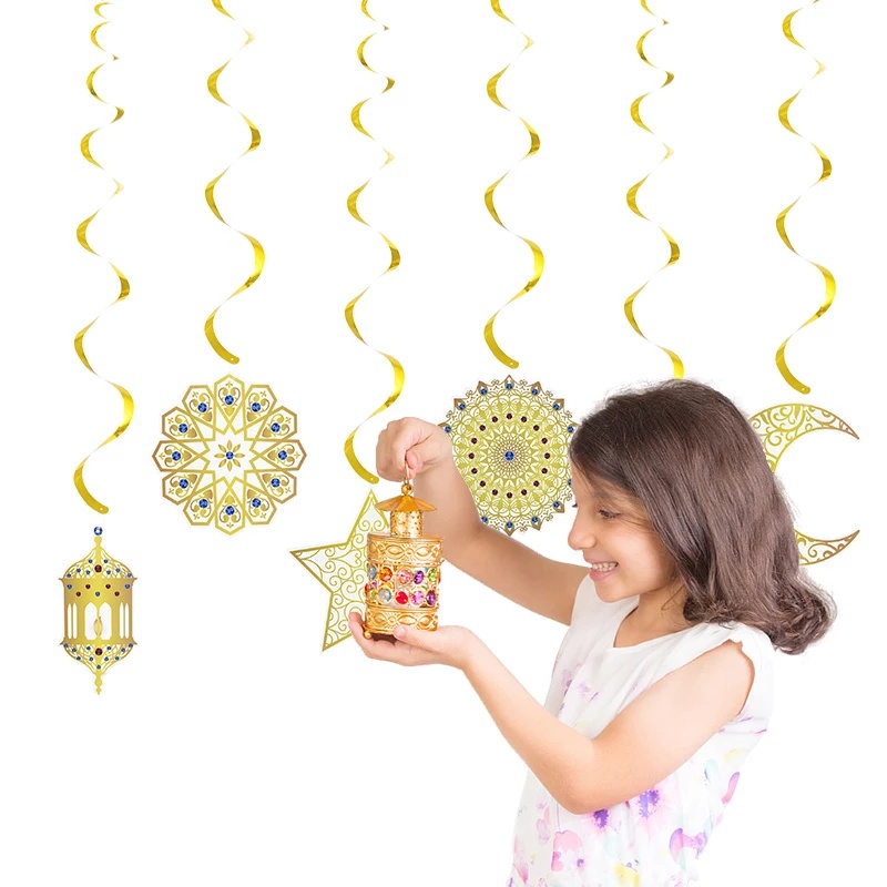 Set 6 Dây Banner Dạng Xoắn Hình Ngôi Sao Mặt Trăng/Ngôi Sao Trang Trí Lễ Hội Ramadan Hồi Giáo