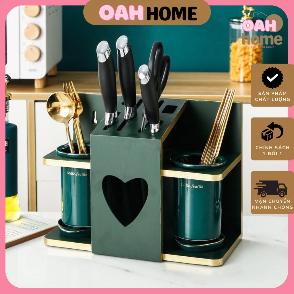 KỆ GỖ GÀI DAO VÀ 2 ỐNG ĐŨA SỨ XANH CỔ VỊT CAO CẤP ĐỂ NHÀ BẾP