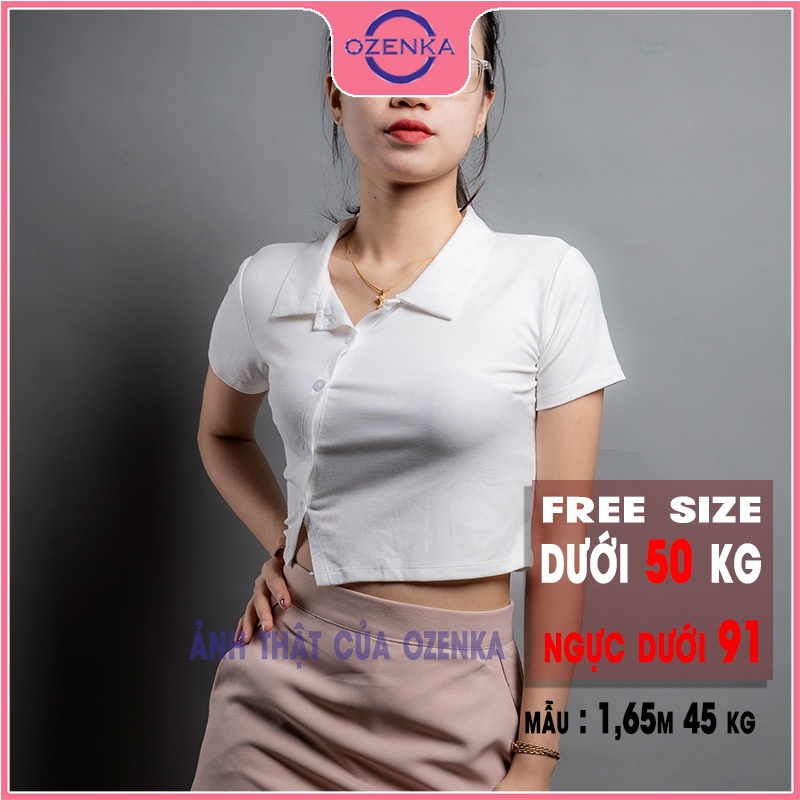 Áo croptop polo tay ngắn vạt chéo nữ Ozenka , áo thun ôm nữ có cổ cúc thật thun gân 100% cotton size dưới 50 cân