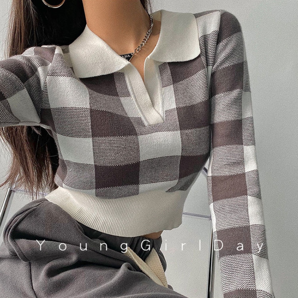 Áo Sweater Dệt Kim Cổ Polo Dáng Ôm Kẻ Sọc Kiểu Retro Thời Trang Mùa Thu Cho Nữ