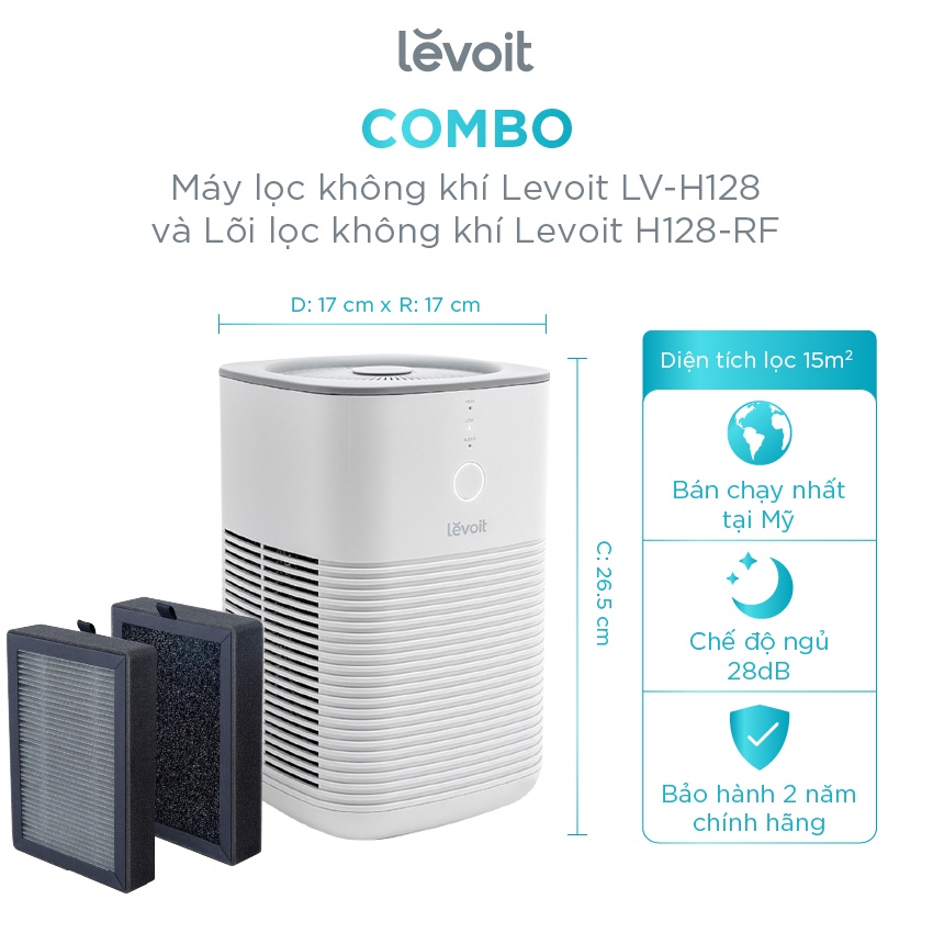 COMBO Máy lọc không khí Levoit LV-H128 15m2 Bộ lọc HEPA  và Lõi lọc không khí kháng khuẩn Levoit H128-RF lọc bụi mịn