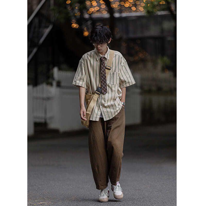 Set Áo Sơ Mi Ngắn Tay Họa Tiết Kẻ Sọc Và Quần Short Phong Cách Retro Nhật Bản Cho Nam Và Nữ