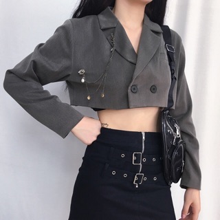 Áo khoác vest croptop kèm cài áo xám/đen