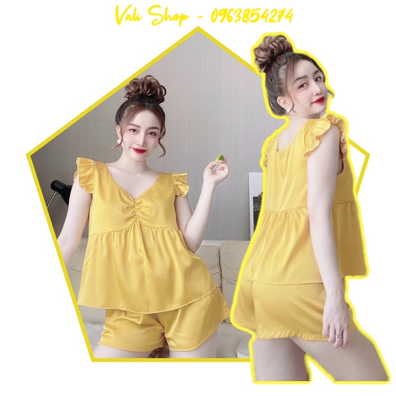 Đồ ngủ lụa latin màu trơn tay cánh tiên nhí quần đùi freesize 42-57kg