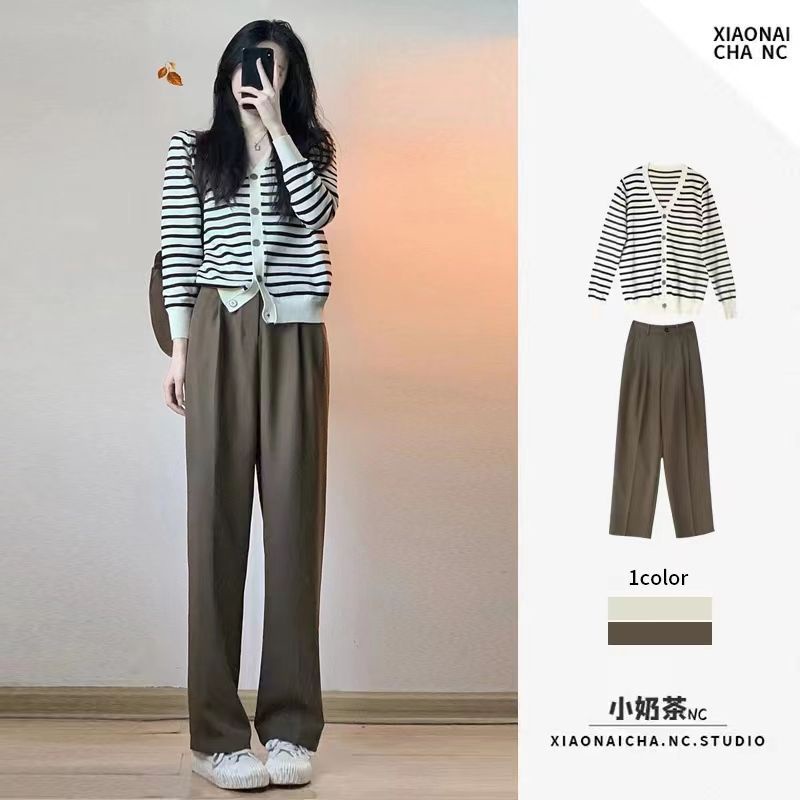 Bộ Áo Cardigan Dệt Kim Dáng Rộng Phối Quần Ống Rộng Kiểu Hàn Quốc Thời Trang Xuân Thu Cho Nữ