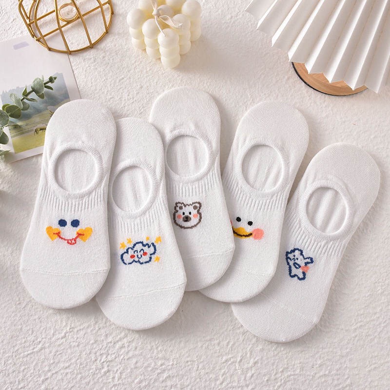 Tất nữ Choobe cổ ngắn cotton lười thấp co giãn tốt cao cấp thời trang họa tiết dễ thương set 5 đôi màu trắng PK23