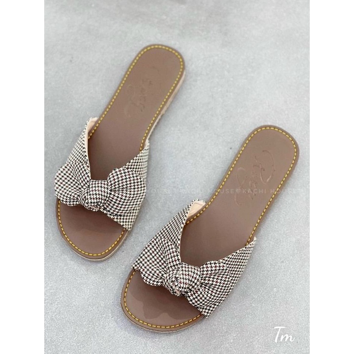 Dép bệt caro nơ nâu thời trang