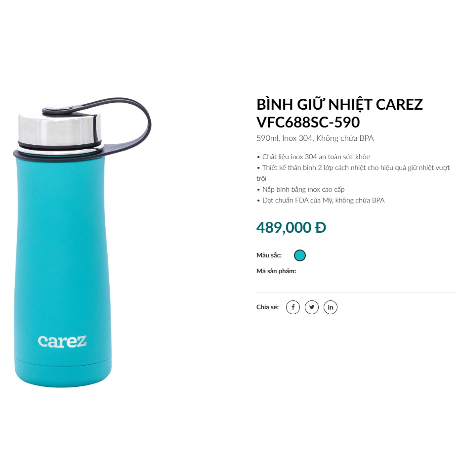 Bình giữ nhiệt Carez model VFC688SC-590ML với màu Xanh san hô trẻ trung, Inox 304, Không chứa BPA