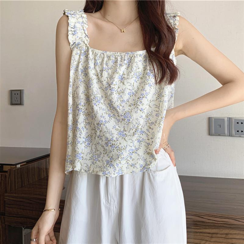 Áo Thun Không Tay Dáng Rộng Họa Tiết Hoa Xinh Xắn Cho Nữ