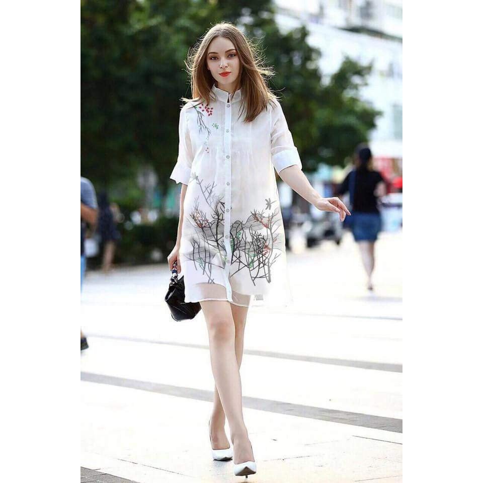 ĐẦM SƠ MI FORM SUÔNG RỘNG CỔ TRỤ HỌA TIẾT LÁ CÀNH có size lớn XXL