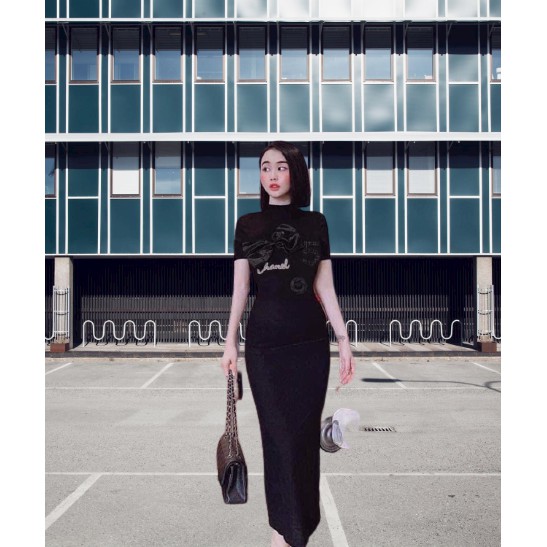 Váy body ♥️ CHANEL♥️ thiết kế nơ ngực, hoa trà xiêu xinh,chất cotton tàu mềm mịn đẹp