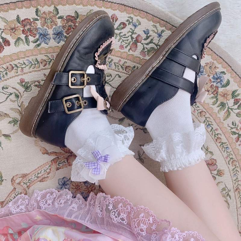 Vớ cotton phối ren nhún bèo phong cách lolita xinh xắn cho nữ