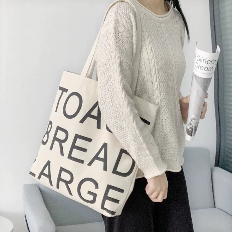 Túi tote vải mộc Tiệm nhà Pony form ngang dây kéo in hình TOAST BREAD LARGE (nhiều mẫu)