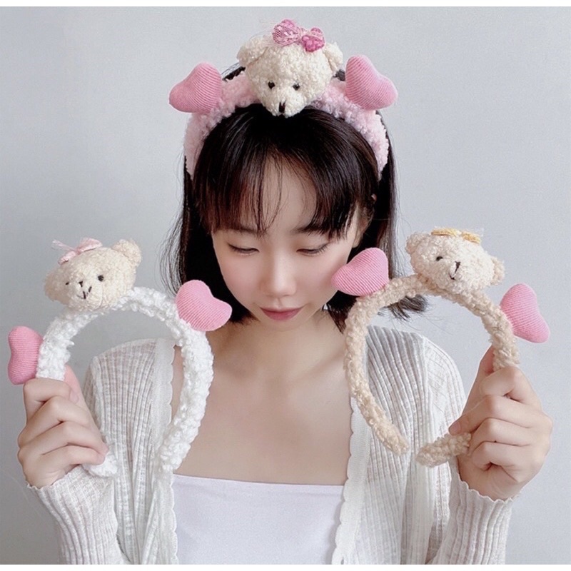 Bờm cài tóc lông xù hình gấu trái tim cho nữ siêu xinh