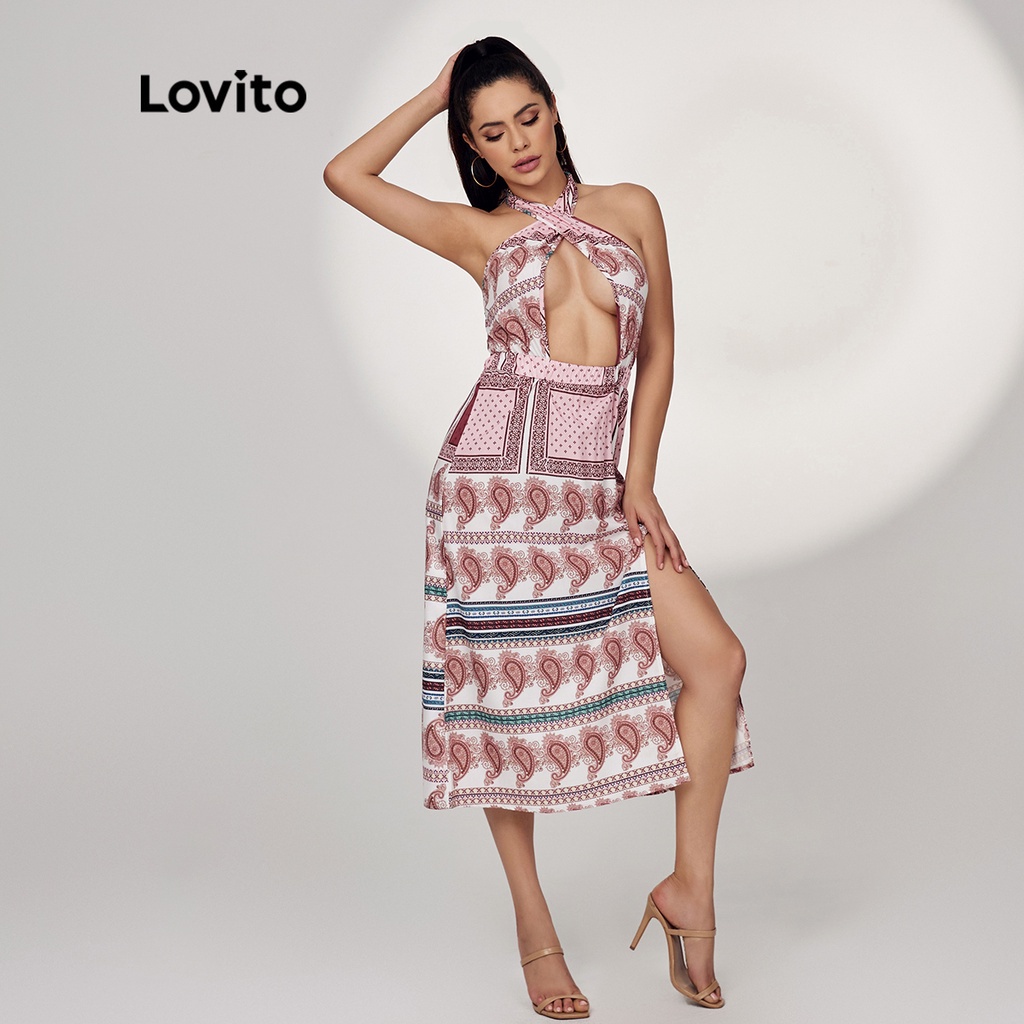 Đầm Lovito khoét lỗ sau lưng thắt dây cổ yếm họa tiết hoa lá cách điệu phong cách boho L17D146