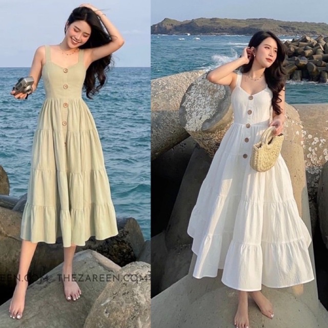 Váy đầm maxi hai dây xoè tầng đính khuy dọc siêu đẹp ptp