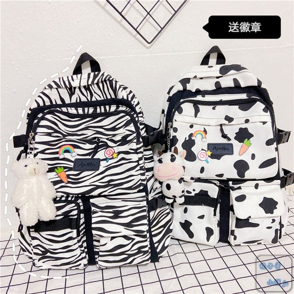 Balo ulzzang vải đi học đi chơi họa tiết ngựa vằn Bò Sữa,dễ thương. balo 2 túi dưới hot tred 2021 BL 605