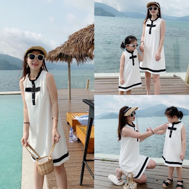 Set váy đôi mẹ con - váy suông trắng viền ngọc