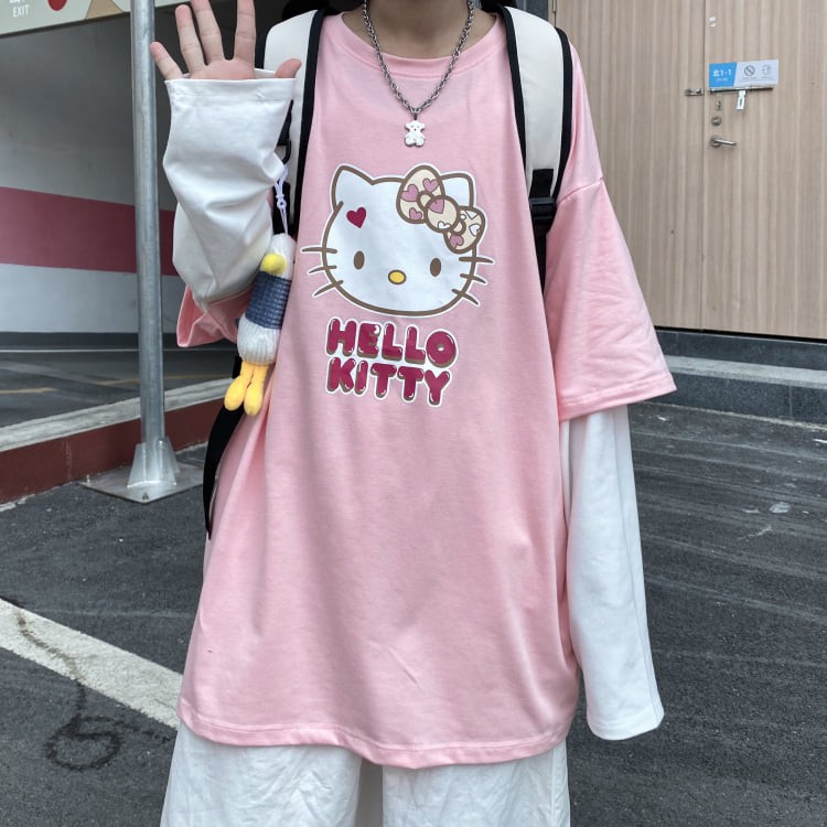 [TẶNG QUÀ] Áo Thun Tay Dài Thu Đông 💝 Unisex Nam Nữ Phong Cách Hàn Quốc Ulzzang 💝 Phối Tay HELLO KITTY