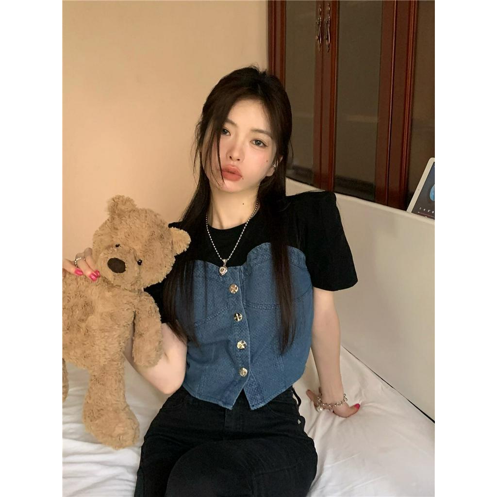 Áo Thun Ngắn Tay Giả Hai Lớp Phối denim Thời Trang Mùa Hè Cho Nữ