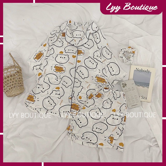 Bộ Đồ Ngủ Set Pijama Nhiều Hình Bò Sữa Chất Lụa Mango Không Nhăn Kèm Scrunchies Freesize Lyy Boutique