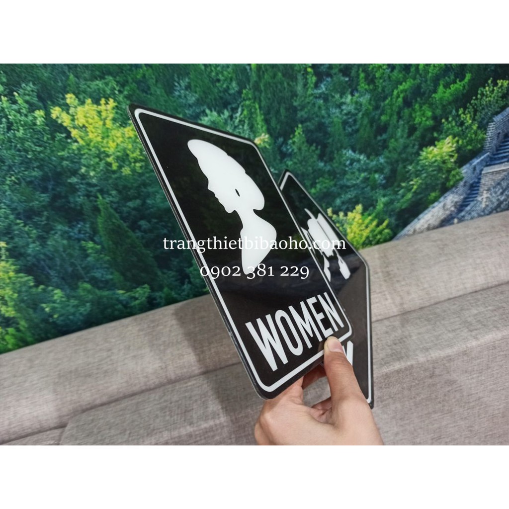 Biển báo mica WC, nhà vệ sinh nam nữ kích thước 15 x 20cm màu đen - hình thật