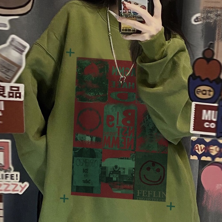 ZHELIHANGFEI Áo Thun Tay Dài Cổ Tròn Form Rộng Họa Tiết In Theo Phong Cách Retro