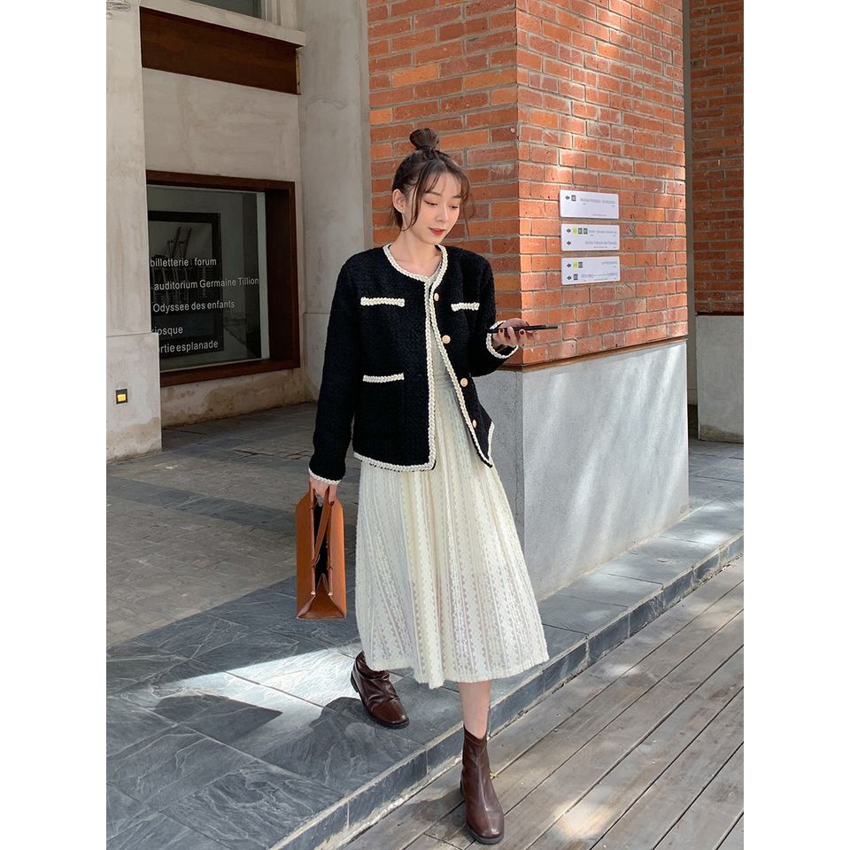 HOT - Áo khoác dạ tweet nhũ muối tiêu ren - 2 màu đen trắng | BigBuy360 - bigbuy360.vn