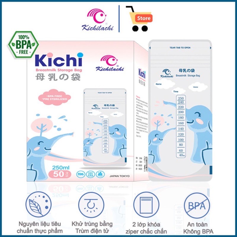 Hộp 50 túi trữ sữa Kichi 250ml hình con voi
