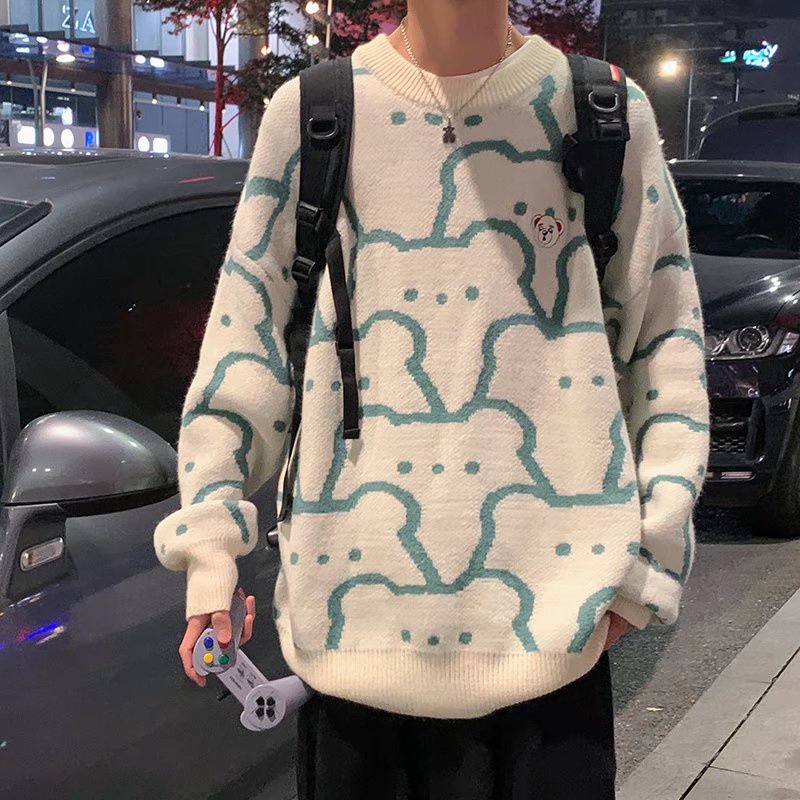 Áo sweater cổ tròn tay dài mềm mại thoải mái in hình gấu hoạt hình phong cách Hàn Quốc cho nam