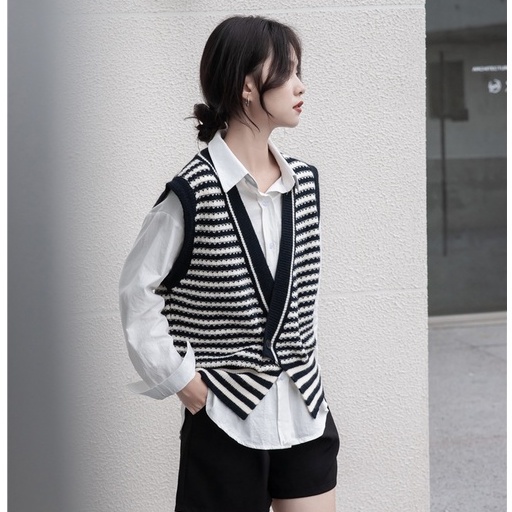 Áo Cardigan dệt kim không tay cổ chữ v form rộng họa tiết kẻ sọc phong cách retro | BigBuy360 - bigbuy360.vn