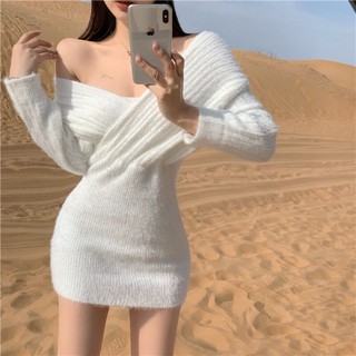 Váy len lông body cổ V đan chéo ngực trễ vai quyến rũ