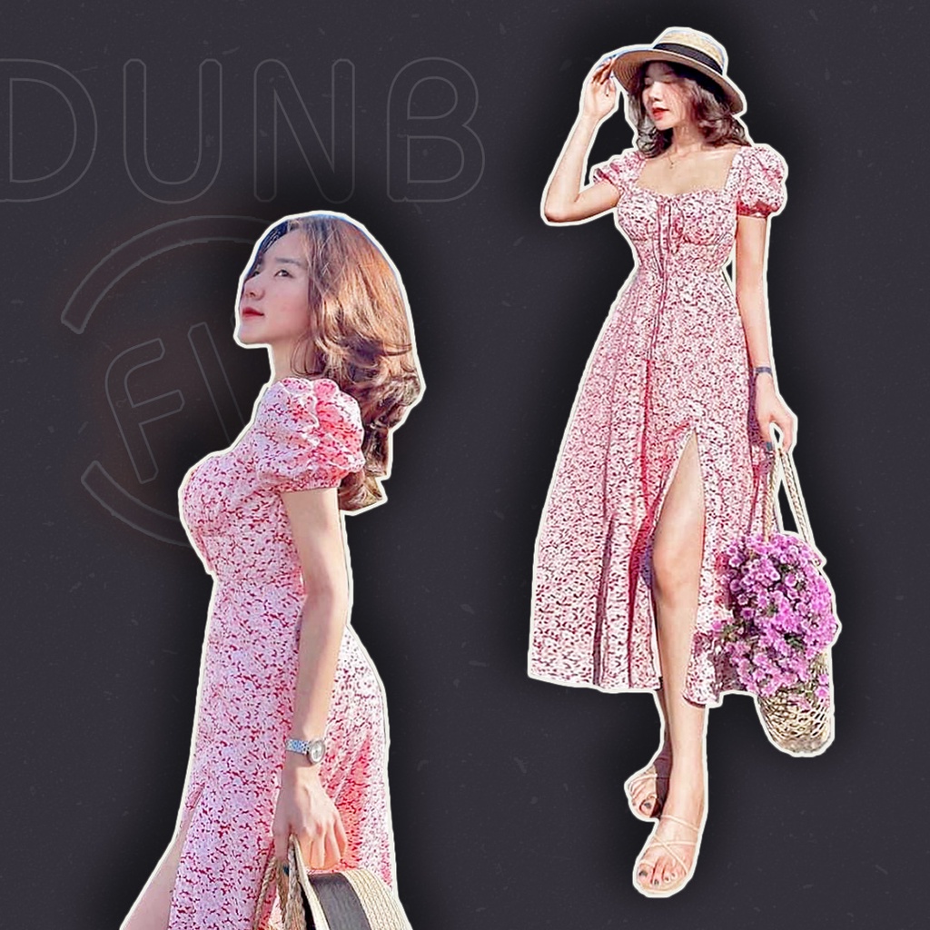 CÓ SIZE Đầm maxi đi biển xẻ tả dáng xòe dài tới bắp chân buộc dây ngực tay ngắn vai bồng màu hồng cổ vuông đi biển