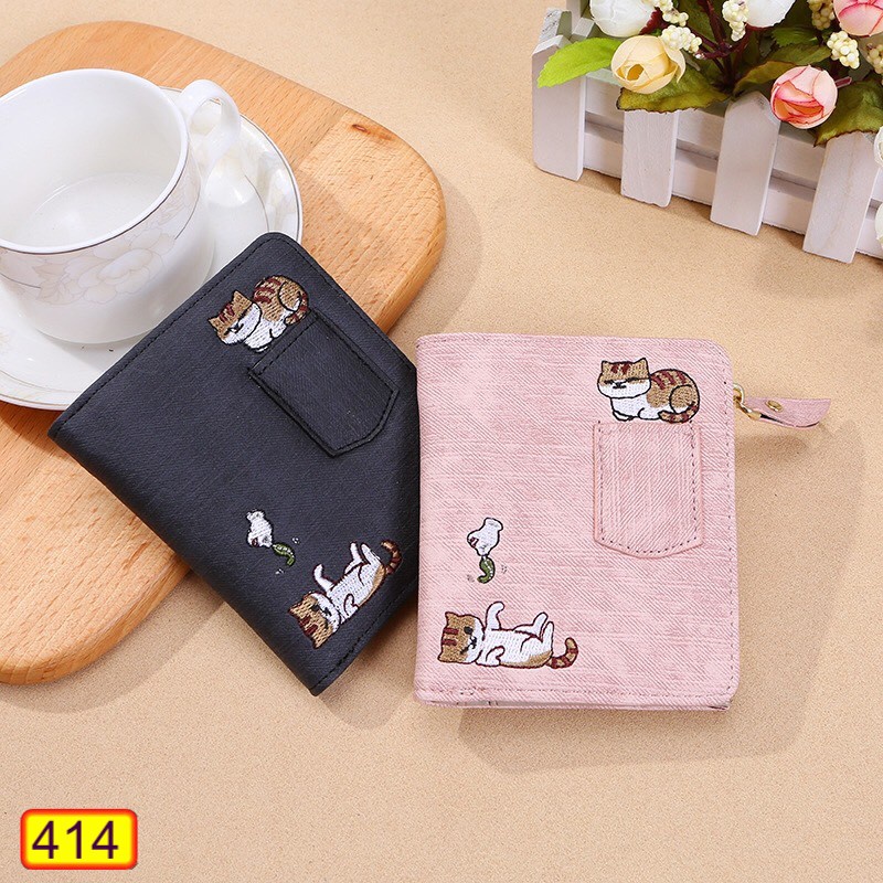 Ví Ngắn Nữ Mini Cầm Tay Cao Cấp Thêu 2 Chú Mèo Dễ Thương