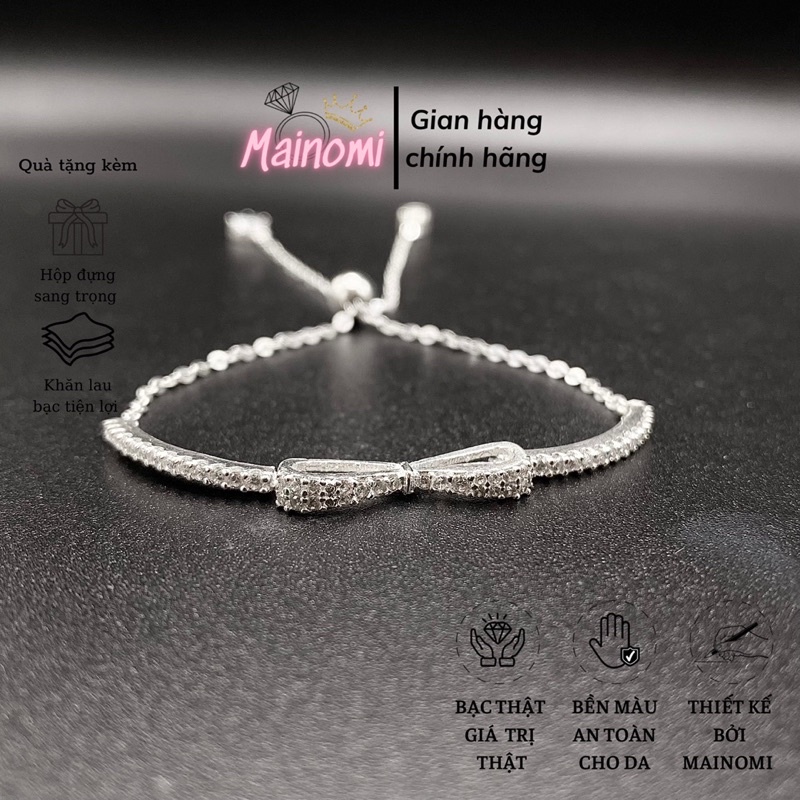 Lắc tay nữ bạc ta nơ siêu xinh, thiết kế dây rút điều chỉnh theo cỡ tay Mainomi Shop Bạc Xinh