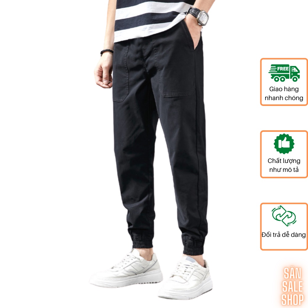 Quần Jogger nam HQ trơn túi rộng vải Cotton kaki đai mix thun cúc 3S x Man Store - Đen