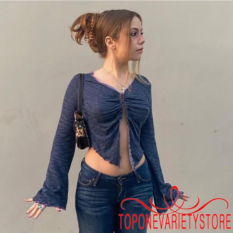 Áo kiểu croptop tay dài cổ chữ V viền nhún bèo hở phía trước thời trang quyến rũ cho nữ