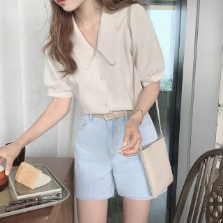 Áo sơ mi cotton lanh cổ chữ v tay lỡ màu trơn đơn giản thời trang 34969