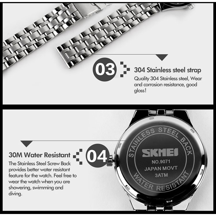ĐỒNG HỒ ĐÔI SKMEI 9071 DÂY THÉP KHÔNG GỈ, THIẾT KẾ LỊCH LÃM, CUỐN HÚT - HÀNG CHÍNH HÃNG