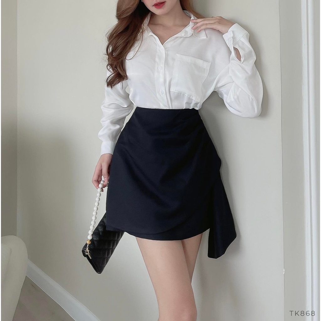 [Ảnh thật] Set áo sơ mi trắng chân váy ngắn cách điệu công sở