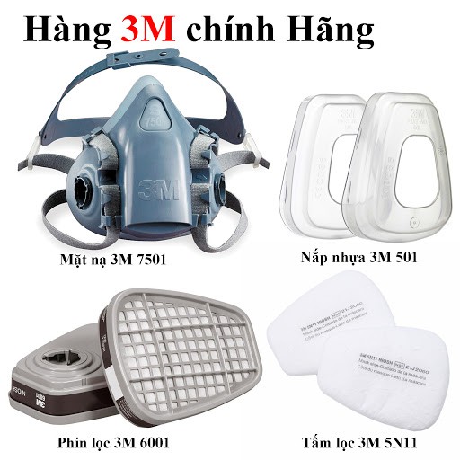 [Hàng chính hãng] Bộ mặt nạ phòng độc 3M 7501 3 món (2 phin lọc 6001),Mặt nạ phun hóa chất,lọc hơi hữu cơ,chống khói bụi