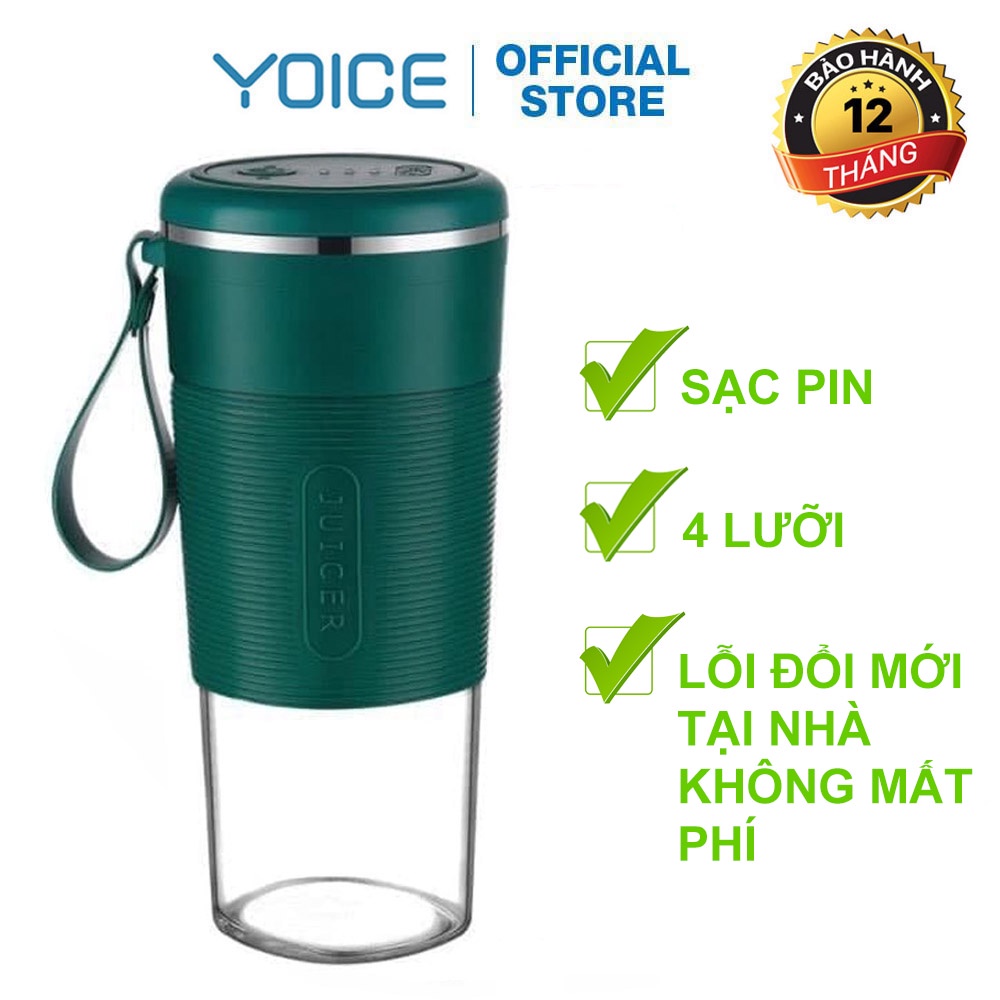 Máy xay sinh tố cầm tay loại sạc pin không dây 4 LƯỠI bằng thép không gỉ YOICE 300ml thủy tinh chịu nhiệt cao cấp