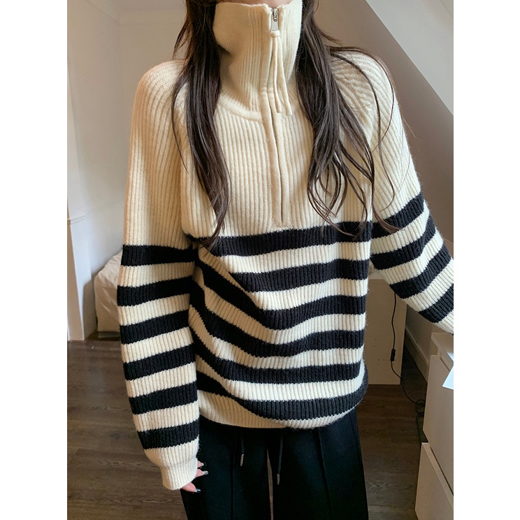 ZHELIHANGFEI Áo Sweater Tay Dài Cổ Lọ Kẻ Sọc Phối Khóa Kéo Cá Tính