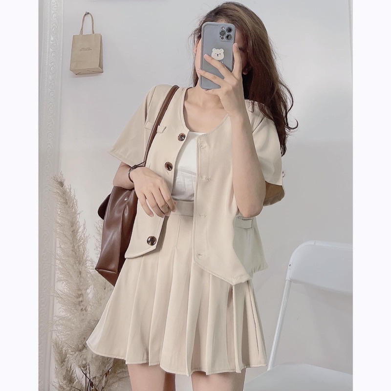 [ẢNH THẬT+VIDEO] Set Áo Vest Croptop  Và Chân Váy Xếp Ly Miniskirt Dành Cho Chị Em Công Sở Lười Nghĩ Hôm Nay Mặc Gì