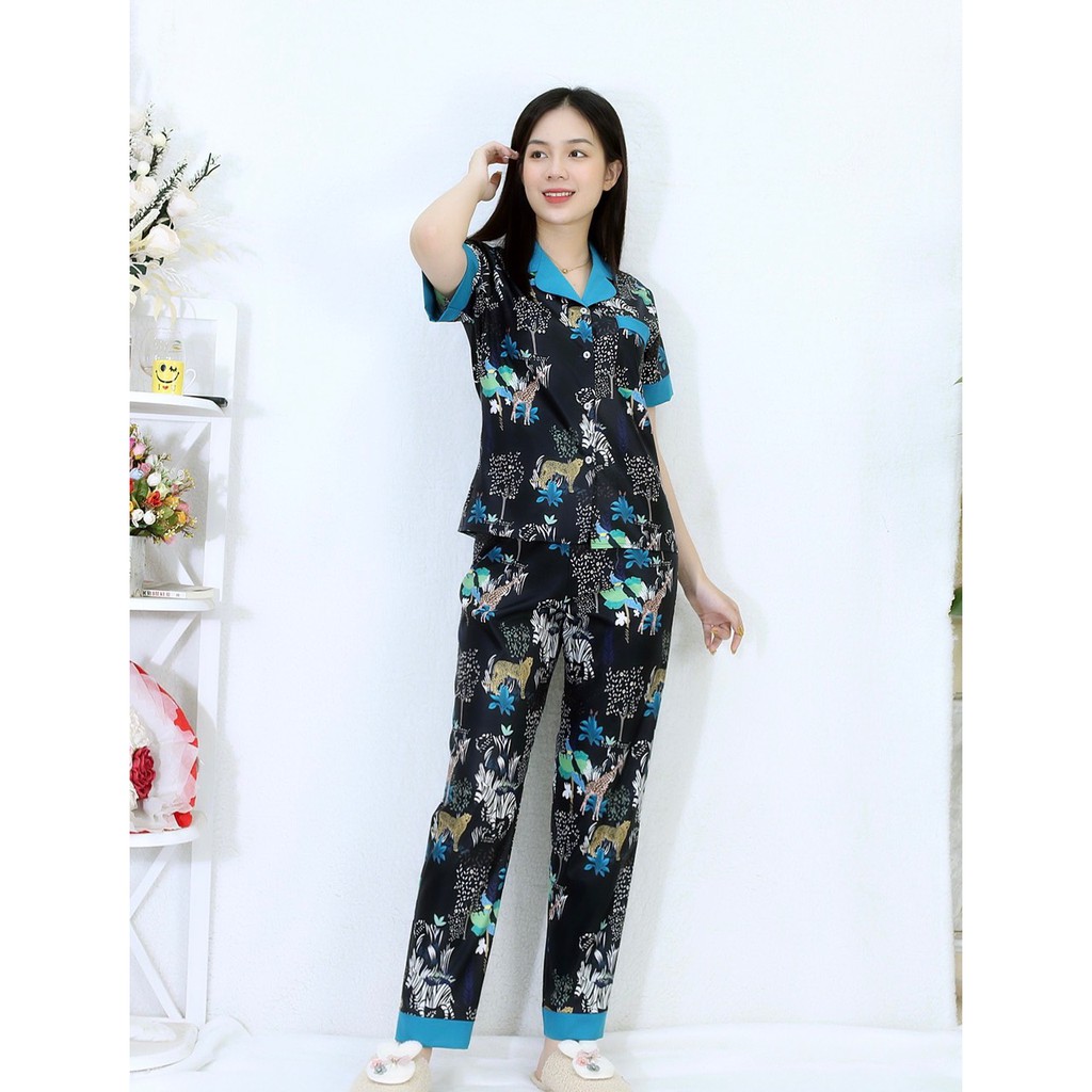 Bộ đồ bộ Pijama NỀN ĐEN NGỰA VẰN tay ngắn quần dài siêu lụa - Thoải Mái Nhẹ Nhàng