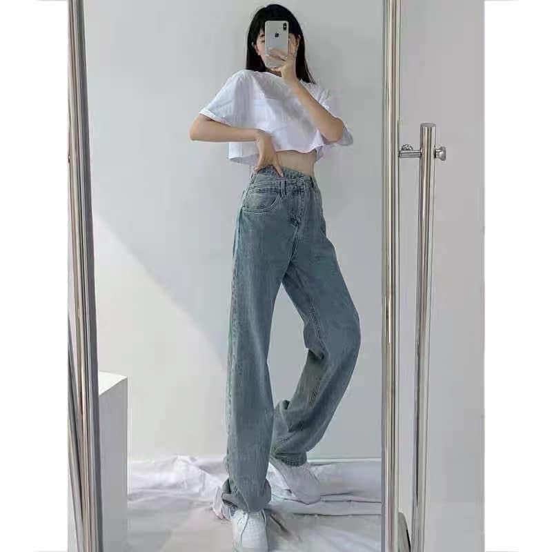 QUÀN JEAN ỐNG SUÔNG CẠP CAO [Freeship] Quần Bò Nữ Dáng Dài Ống Rộng Cạp Chéo Năng Động