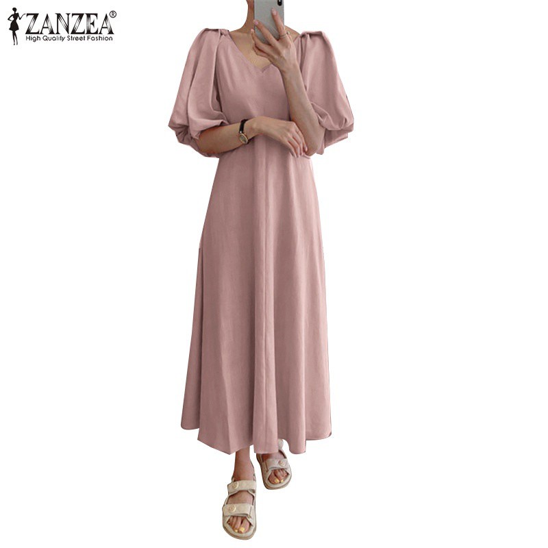 Đầm nữ ZANZEA dài cổ chữ V tay phồng màu trơn thiết kế dây buộc sau lưng thanh lịch