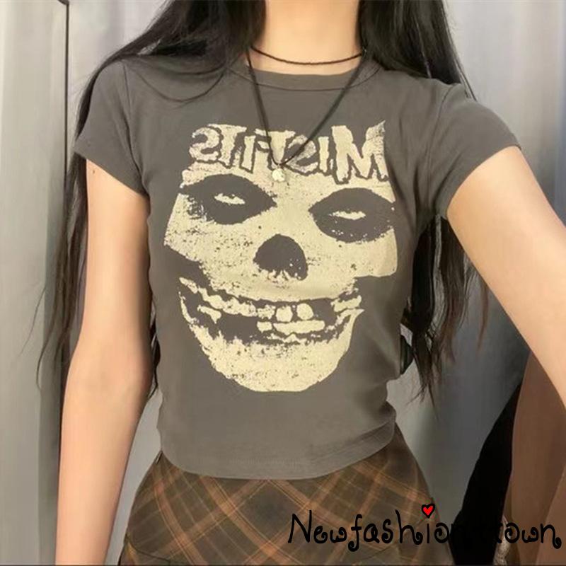NFashion-Women Short Sleeve Tops with Skull Letter Print, Vintage Goth Crew Neck Summer Clothing