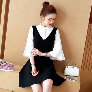 Váy bầu đen phối tay trắng lỡ
