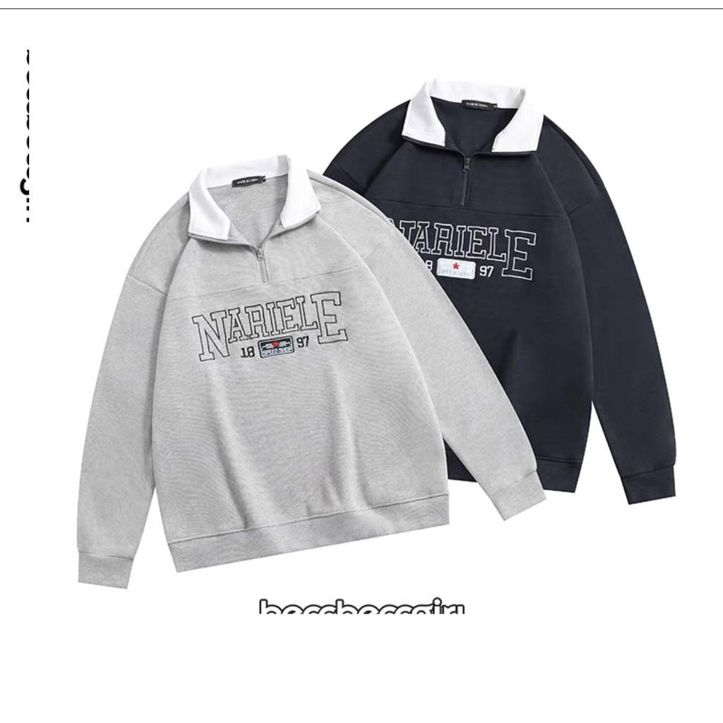 Áo polo cổ zip thêu nariele 1897 unisex [FREESHIP] Sweater nỉ bông form rộng tay phồng kiểu thể thao hàn quốc peonyb